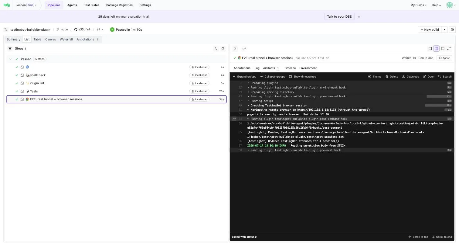 Buildkite job log showing the TestingBot plugin hooks