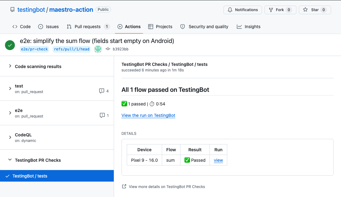 TestingBot / tests check on a GitHub pull request for a Maestro run, with the device, flow and result table