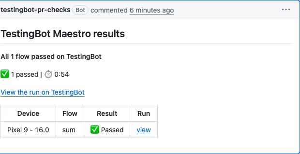 TestingBot Maestro results comment on a pull request: all flows passed, with the device, flow and result table