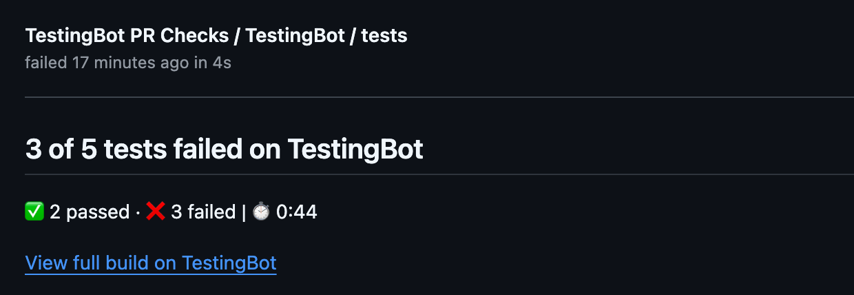 TestingBot / tests status check failing on a GitHub pull request, showing 3 of 5 tests failed