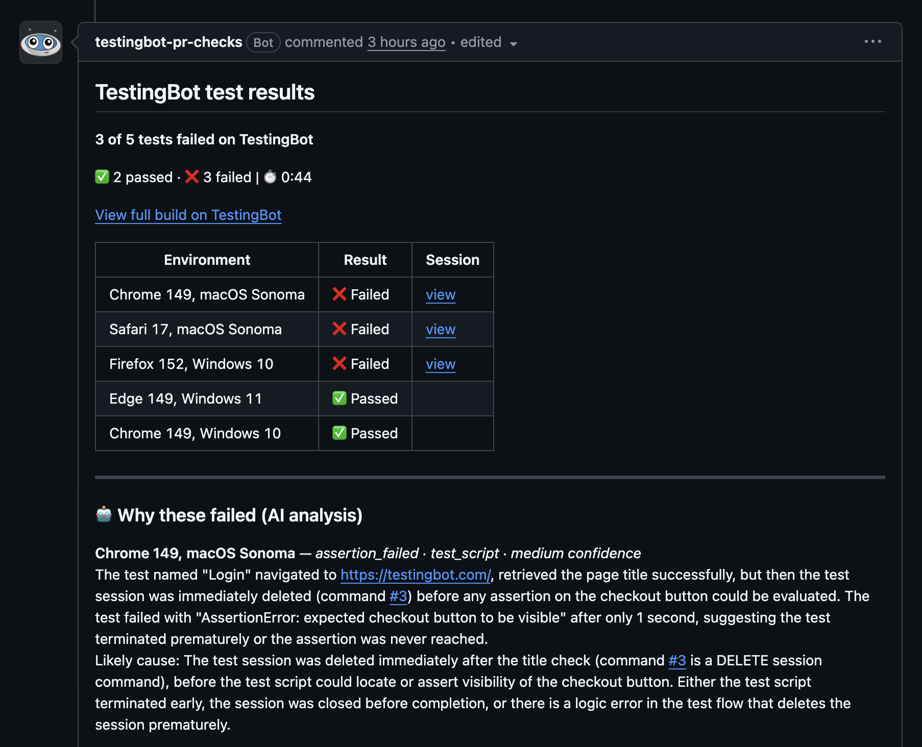 TestingBot pull request comment showing a browser and device result matrix with pass and fail per environment