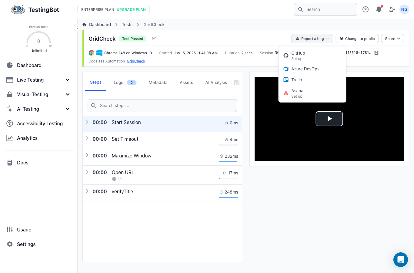 Report a bug button with the Asana option