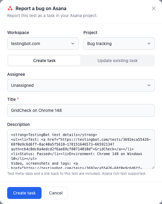 Create an Asana task from a TestingBot test