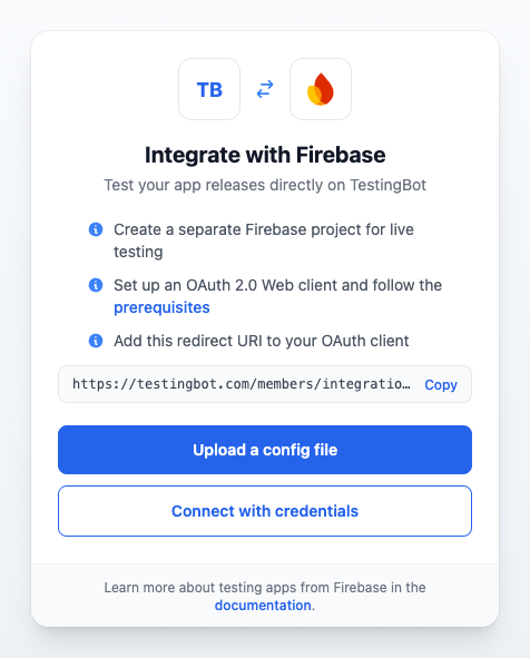 Integrate with Firebase: upload a config file or connect with credentials