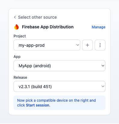 Select a Firebase project, app and release in the device picker