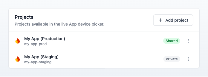 Manage Firebase projects: add, share, refresh and delete