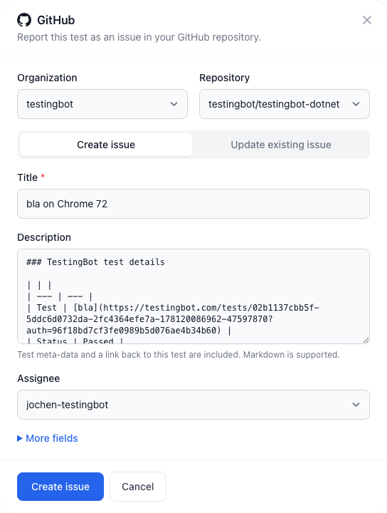 Create a GitHub issue from a test