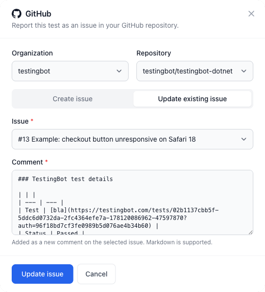 Update an existing GitHub issue from a test