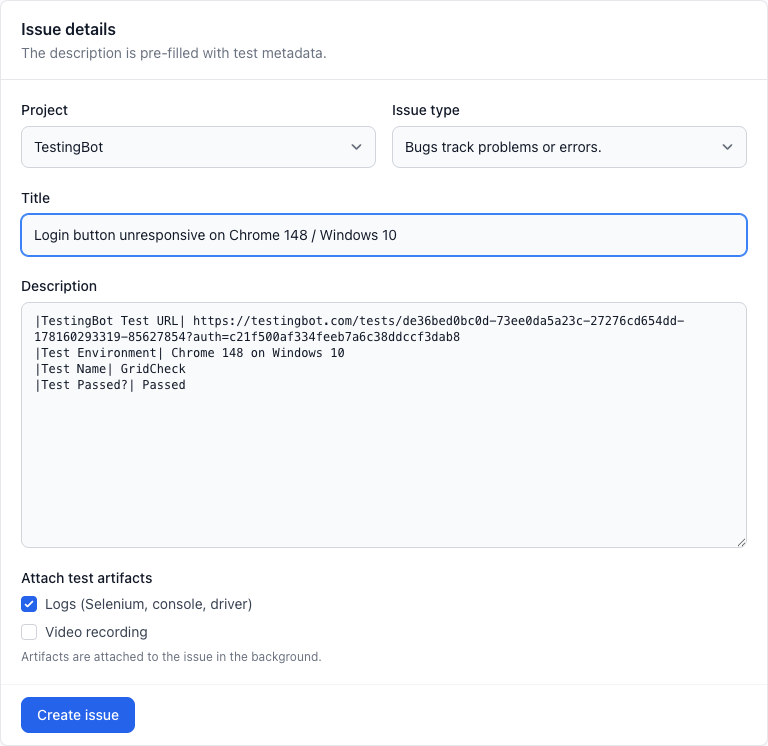Create a Jira issue from a test