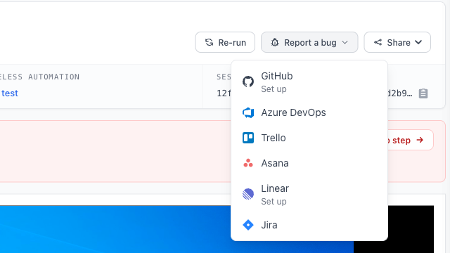 Report a bug dropdown with Linear on a test detail page