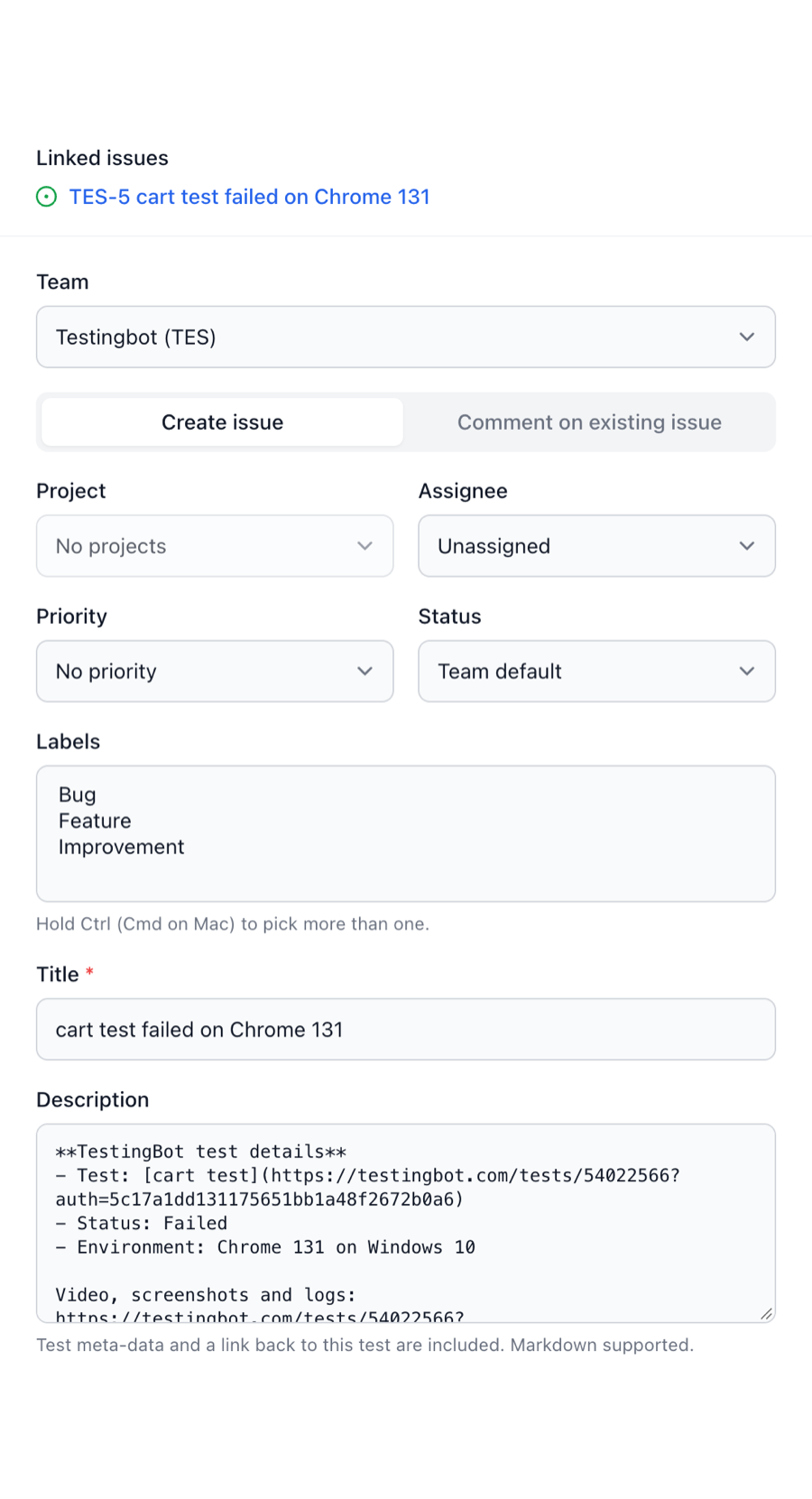 Report a bug on Linear: team, project, assignee, labels, priority, status, title and description