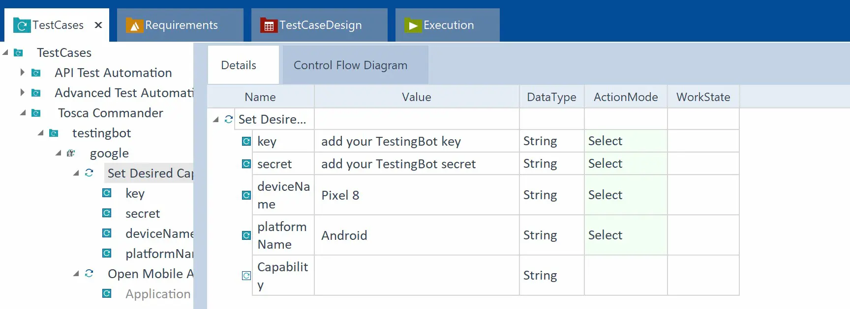 Tosca Set Desired Capabilities