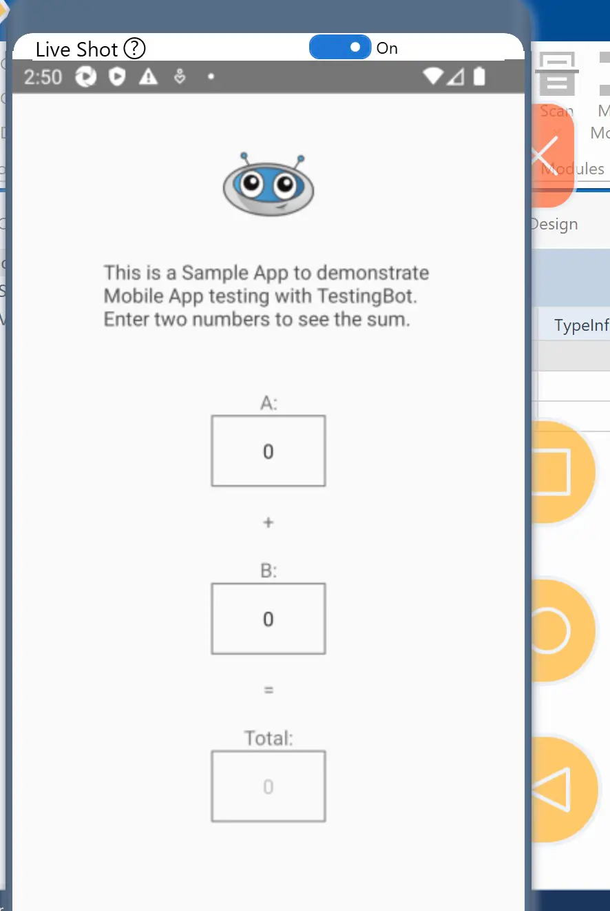 Tosca TestingBot Live View