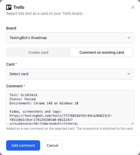 Comment on an existing Trello card from a test
