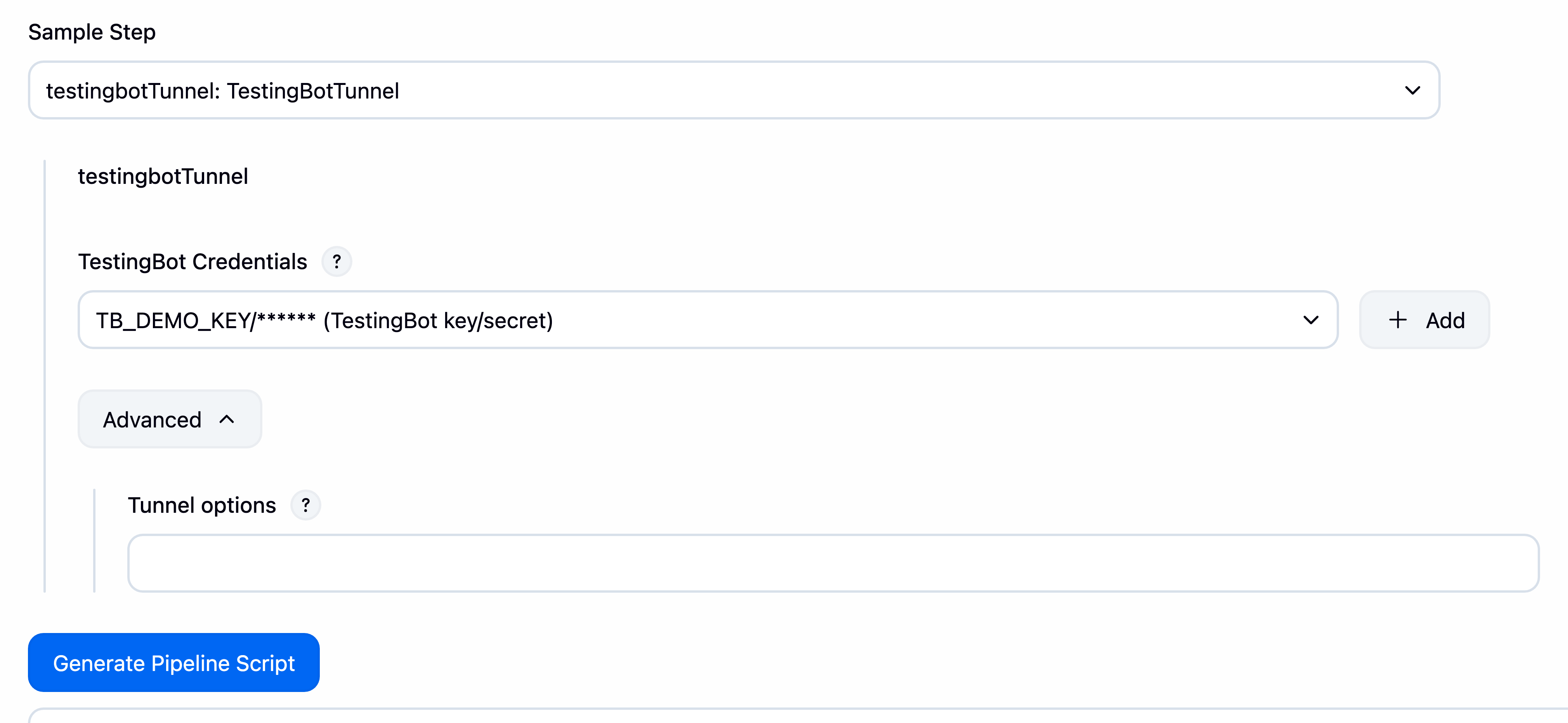 Jenkins Pipeline Snippet Generator for TestingBot steps