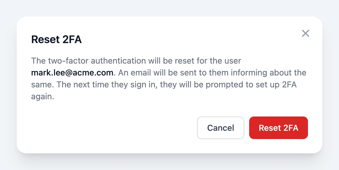 Reset 2FA confirmation dialog