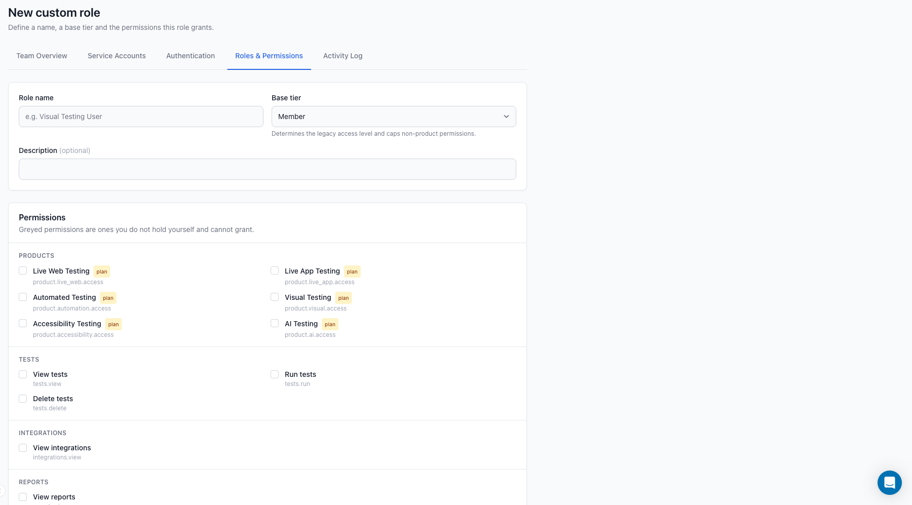 New custom role form with base tier and permission checkboxes