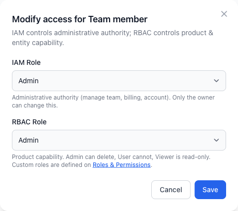 Modify access dialog with IAM role and RBAC role selectors