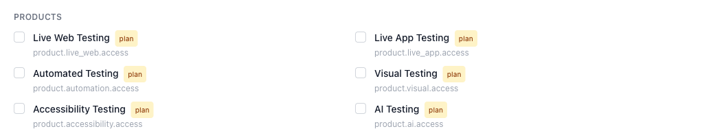 Products section of the role editor with plan badges