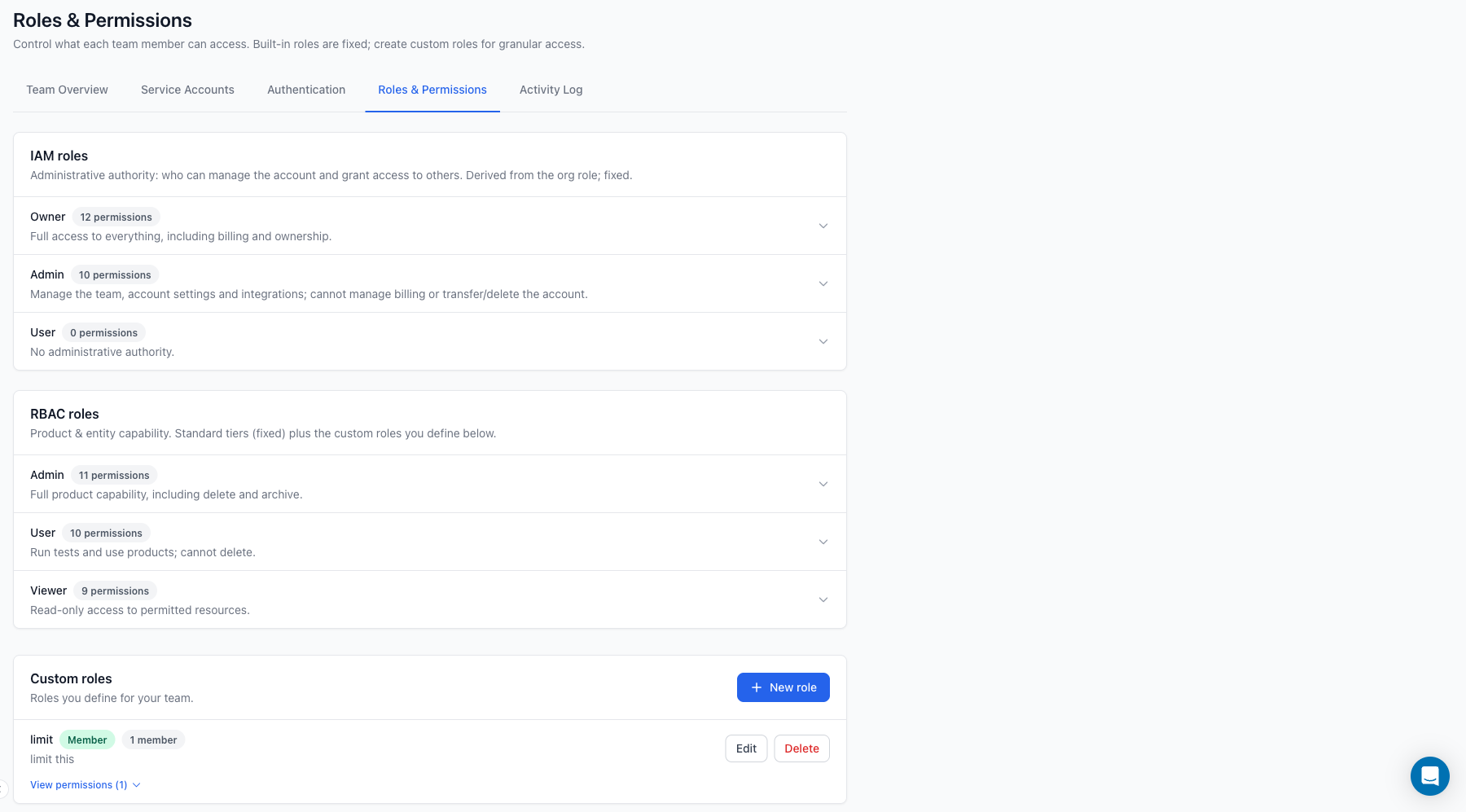 Roles and Permissions page showing IAM roles and RBAC roles
